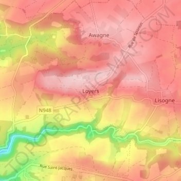 Loyersの地形図、標高、地勢