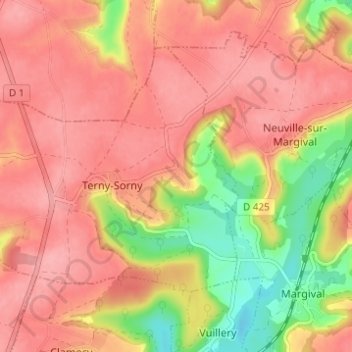 Sornyの地形図、標高、地勢
