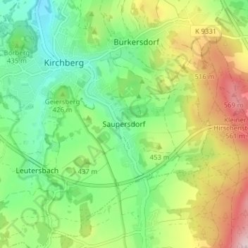 Saupersdorfの地形図、標高、地勢