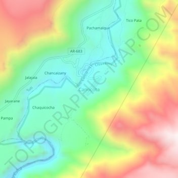 Canocotaの地形図、標高、地勢