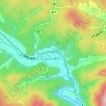 美甘の地形図、標高、地勢