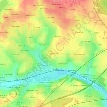 Les Boudièresの地形図、標高、地勢