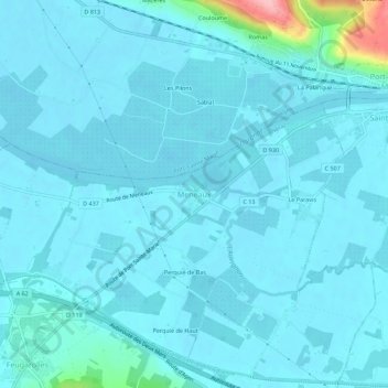 Meneauxの地形図、標高、地勢