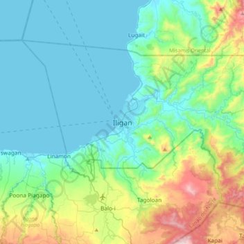 Iliganの地形図、標高、地勢