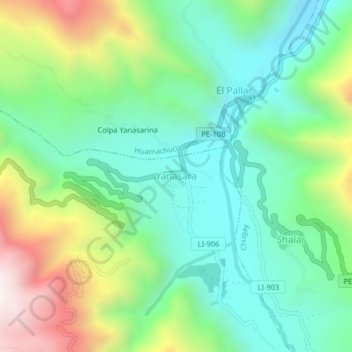 Yanasaraの地形図、標高、地勢