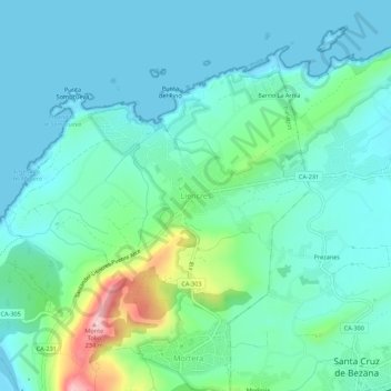 Liencresの地形図、標高、地勢