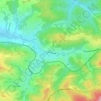 Huttenの地形図、標高、地勢