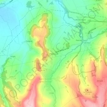 Villejacquesの地形図、標高、地勢