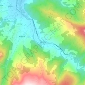 Trebuestoの地形図、標高、地勢
