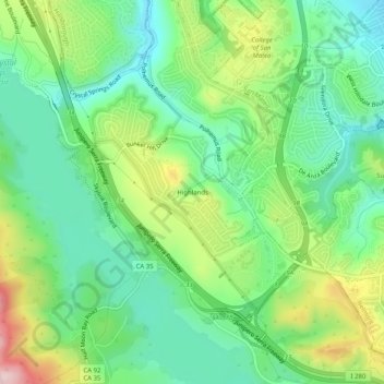 Highlandsの地形図、標高、地勢