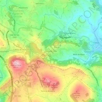Ribas de Cimaの地形図、標高、地勢