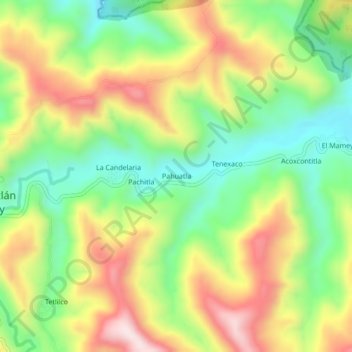 Pahuatlaの地形図、標高、地勢