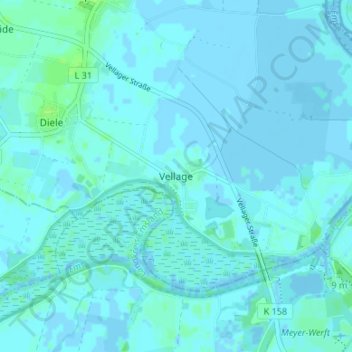 Vellageの地形図、標高、地勢
