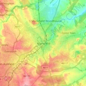 Mansfieldの地形図、標高、地勢