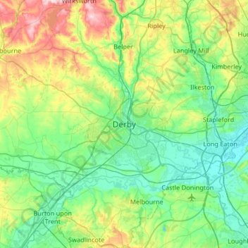 Derbyの地形図、標高、地勢