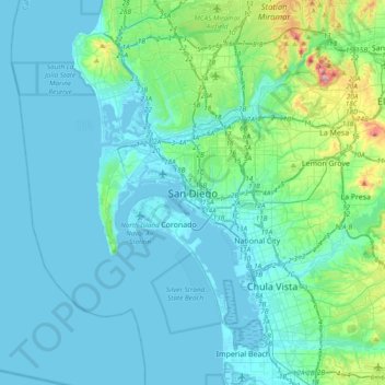 San Diegoの地形図、標高、地勢