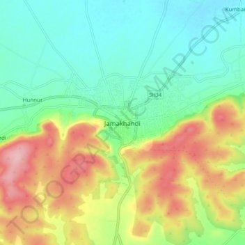 Jamakhandiの地形図、標高、地勢