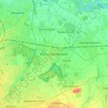 Korschenbroichの地形図、標高、地勢