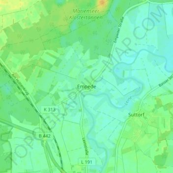 Empedeの地形図、標高、地勢