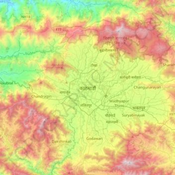 カトマンズの地形図、標高、地勢