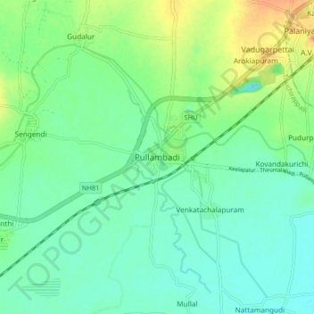 Pullambadiの地形図、標高、地勢