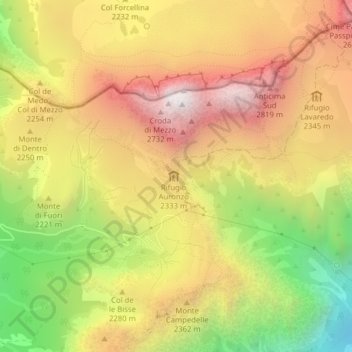 Forcella Longeresの地形図、標高、地勢