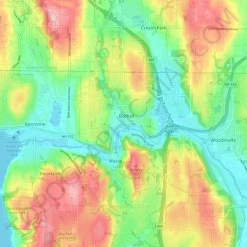 Bothellの地形図、標高、地勢
