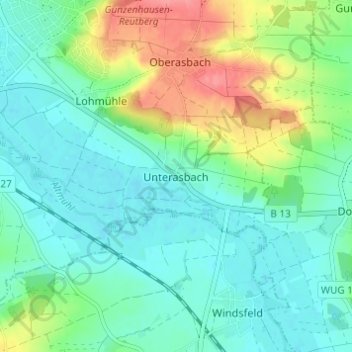 Unterasbachの地形図、標高、地勢