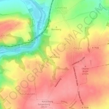 Mühlbergの地形図、標高、地勢
