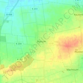Borsumの地形図、標高、地勢