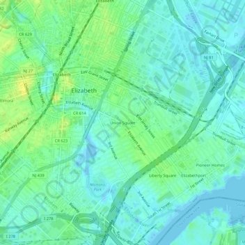 Union Squareの地形図、標高、地勢