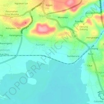 Asinanの地形図、標高、地勢