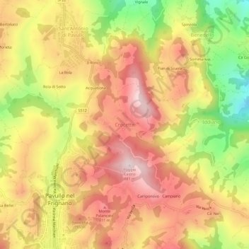 Crocetteの地形図、標高、地勢