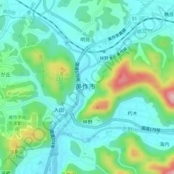 美作の地形図、標高、地勢