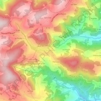 Yzeronの地形図、標高、地勢