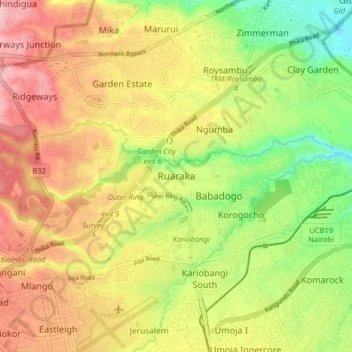 Ruarakaの地形図、標高、地勢