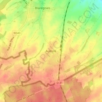 Aulnoisの地形図、標高、地勢