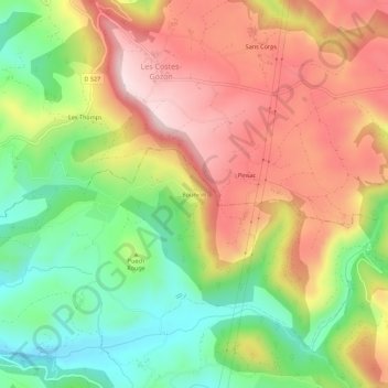 Bouniolsの地形図、標高、地勢