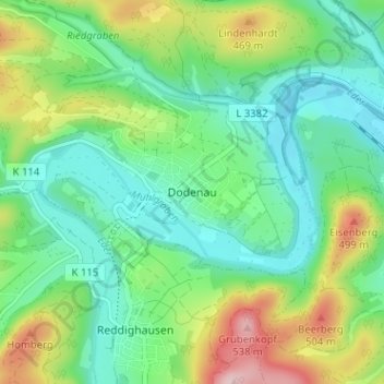 Dodenauの地形図、標高、地勢