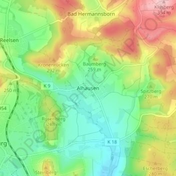 Alhausenの地形図、標高、地勢