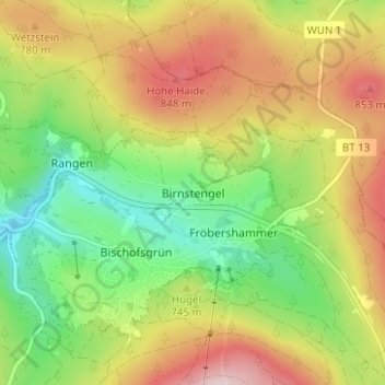 Birnstengelの地形図、標高、地勢