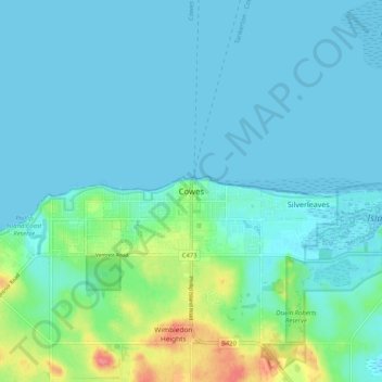 Cowesの地形図、標高、地勢