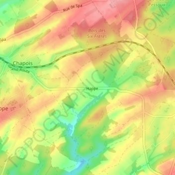 Happeの地形図、標高、地勢