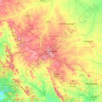 Dharwadの地形図、標高、地勢
