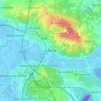 Itzehoeの地形図、標高、地勢