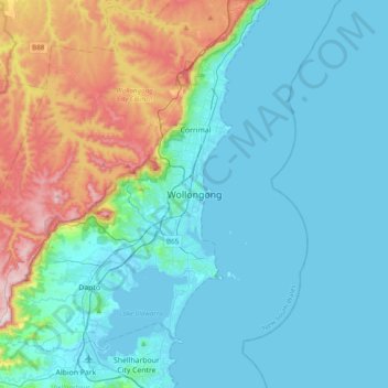 Wollongongの地形図、標高、地勢