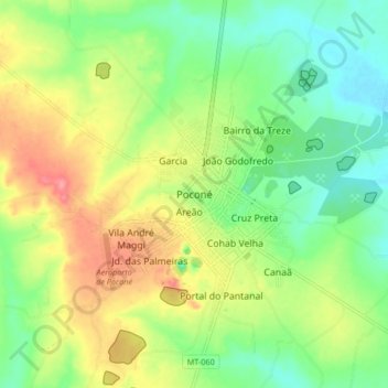 Poconéの地形図、標高、地勢