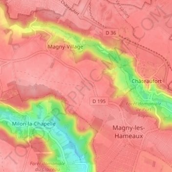 Villeneuveの地形図、標高、地勢