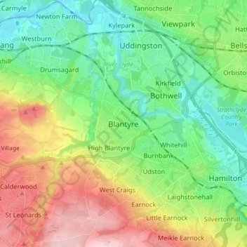 Blantyreの地形図、標高、地勢