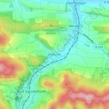Detfurthの地形図、標高、地勢